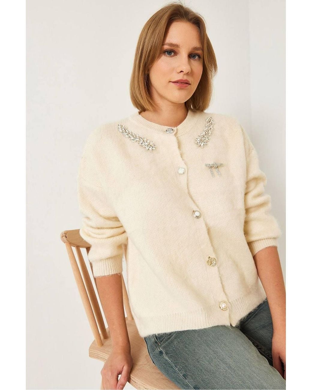 Bianco Lucci Natural Embellished Crew Neck Long Sleeve Cardigan