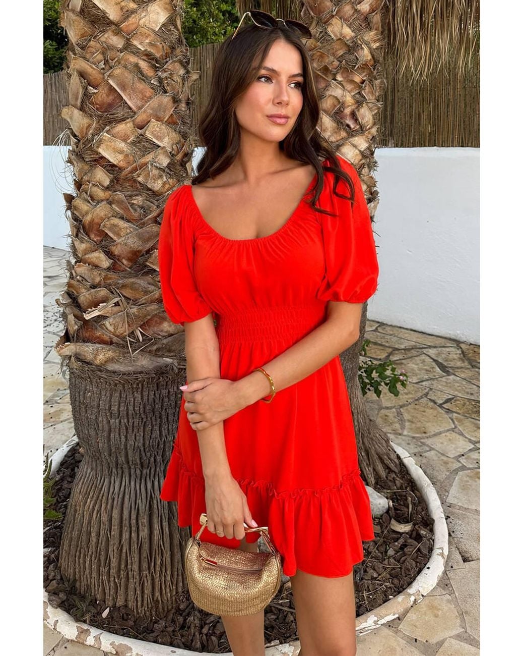AX Paris Red Burnt Puff Sleeve Frill Hem Mini Dress