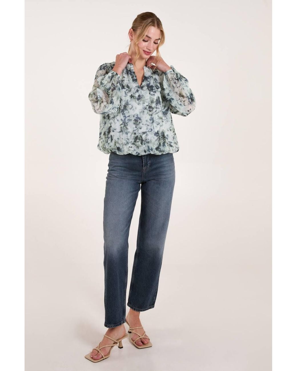 Blue Vanilla Blue Grandad Collar Puffball Top