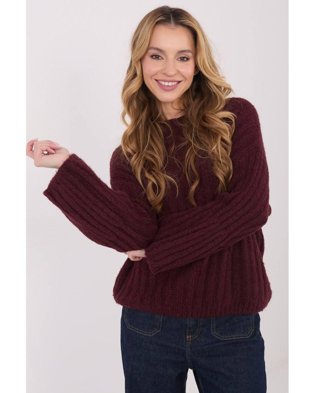 Love Lace Red Thick Knit Round Neck Puff Sleeve Sweater