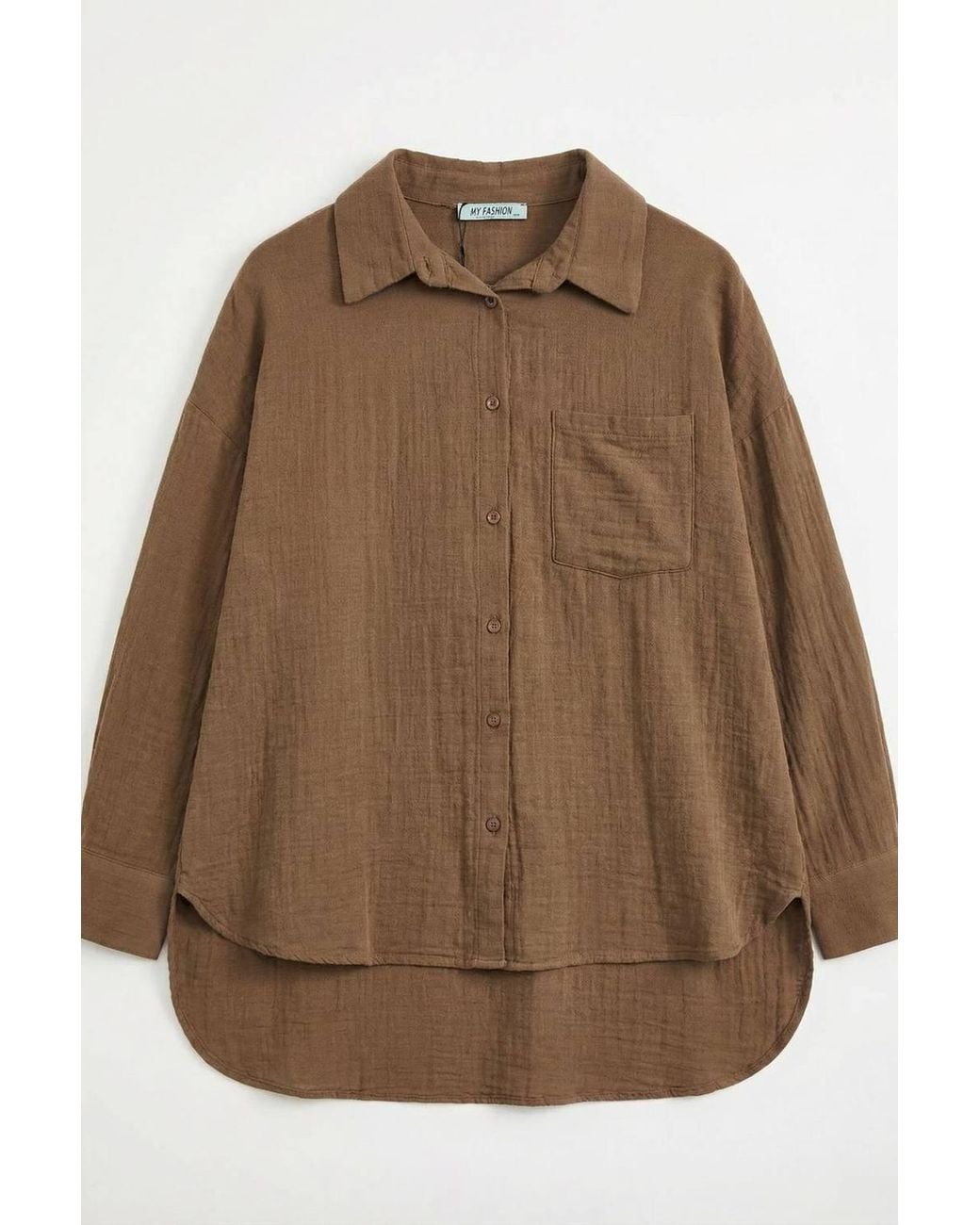 My Fashion Brown Textured Oversized Long Shirt With Button Closure