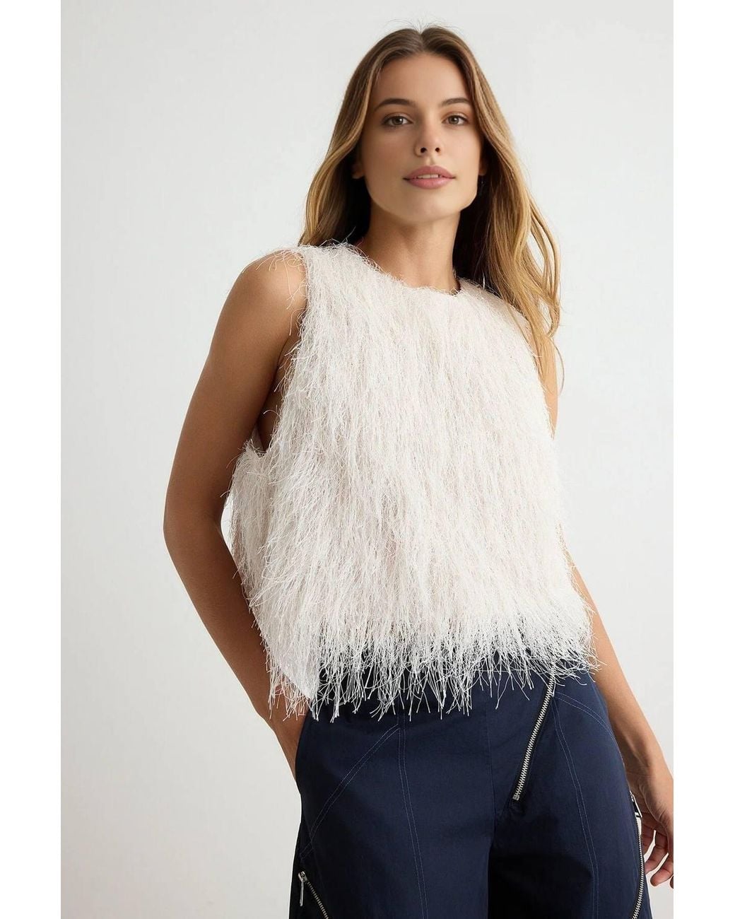 WOVCOR White Sleeveless Shimmer Fringe Detail Oversized Blouse