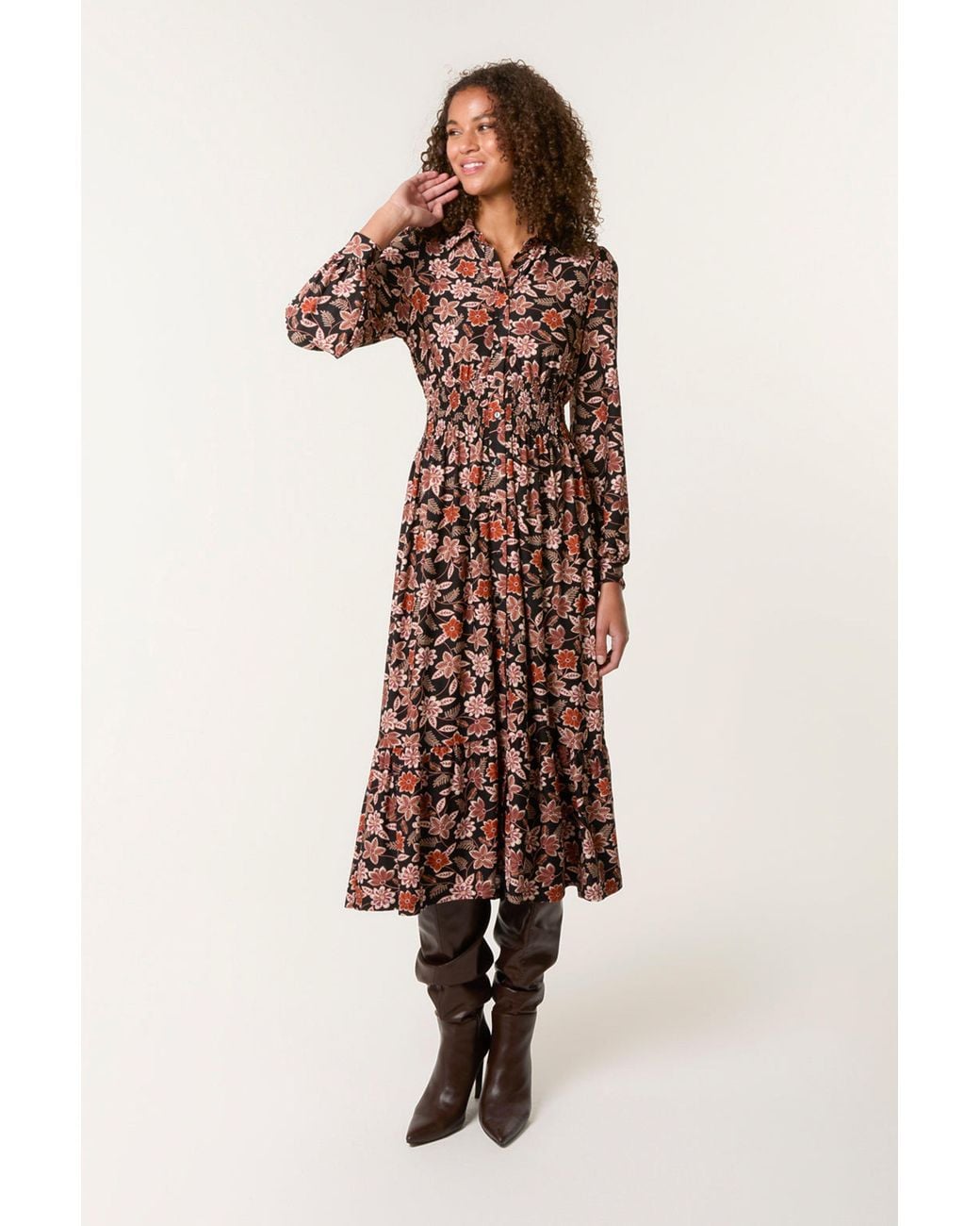 Blue Vanilla Natural Shirred Waist Long Sleeve Button Up Collar Midi Dress