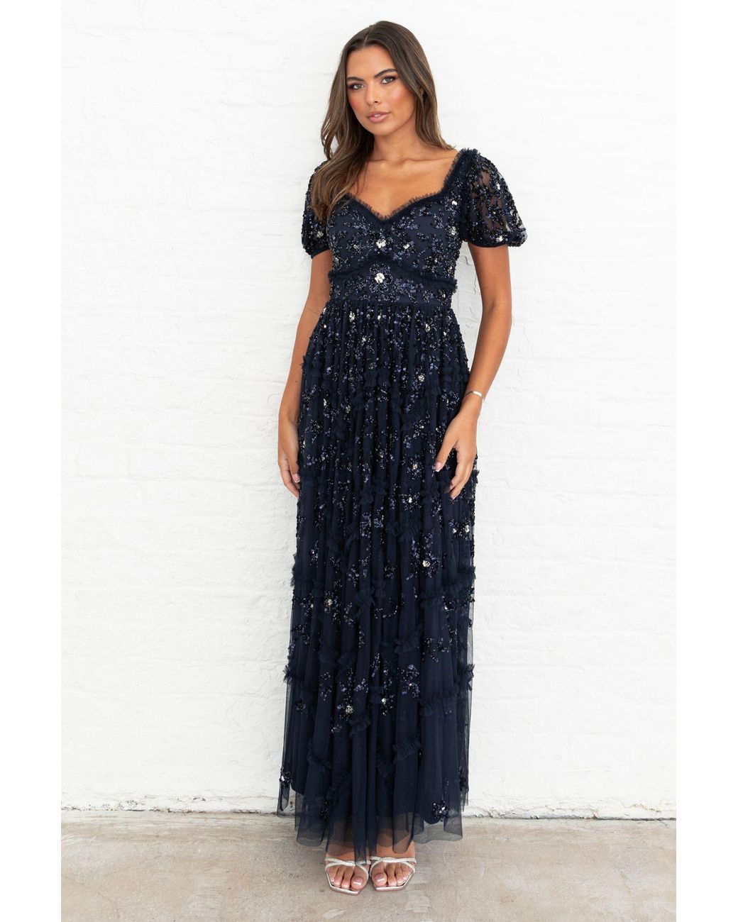 Maya Deluxe Blue Floral Embellished Sweetheart Neck Maxi Dress