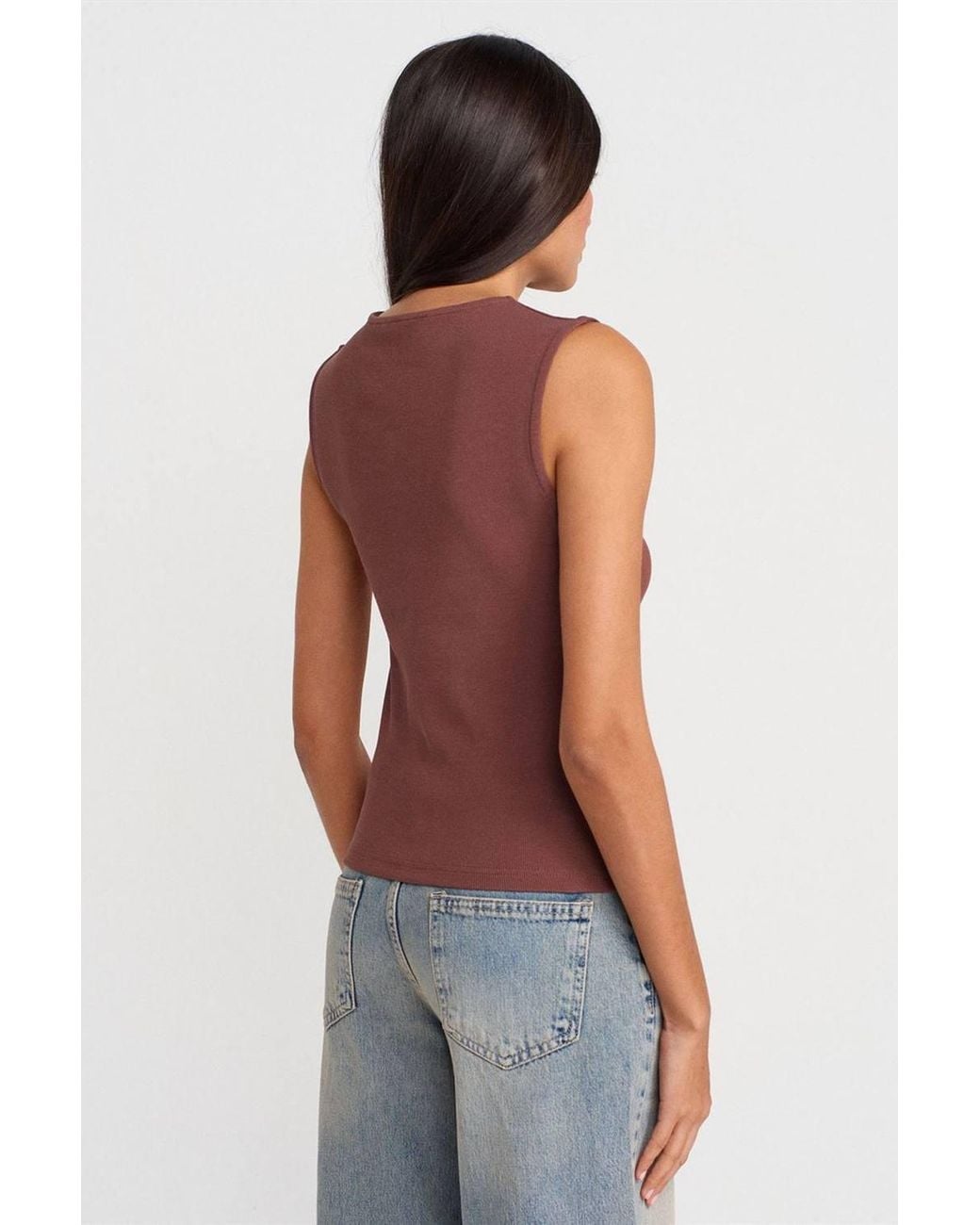 Dilvin Red Ribbed Sleeveless Button-Front Blouse