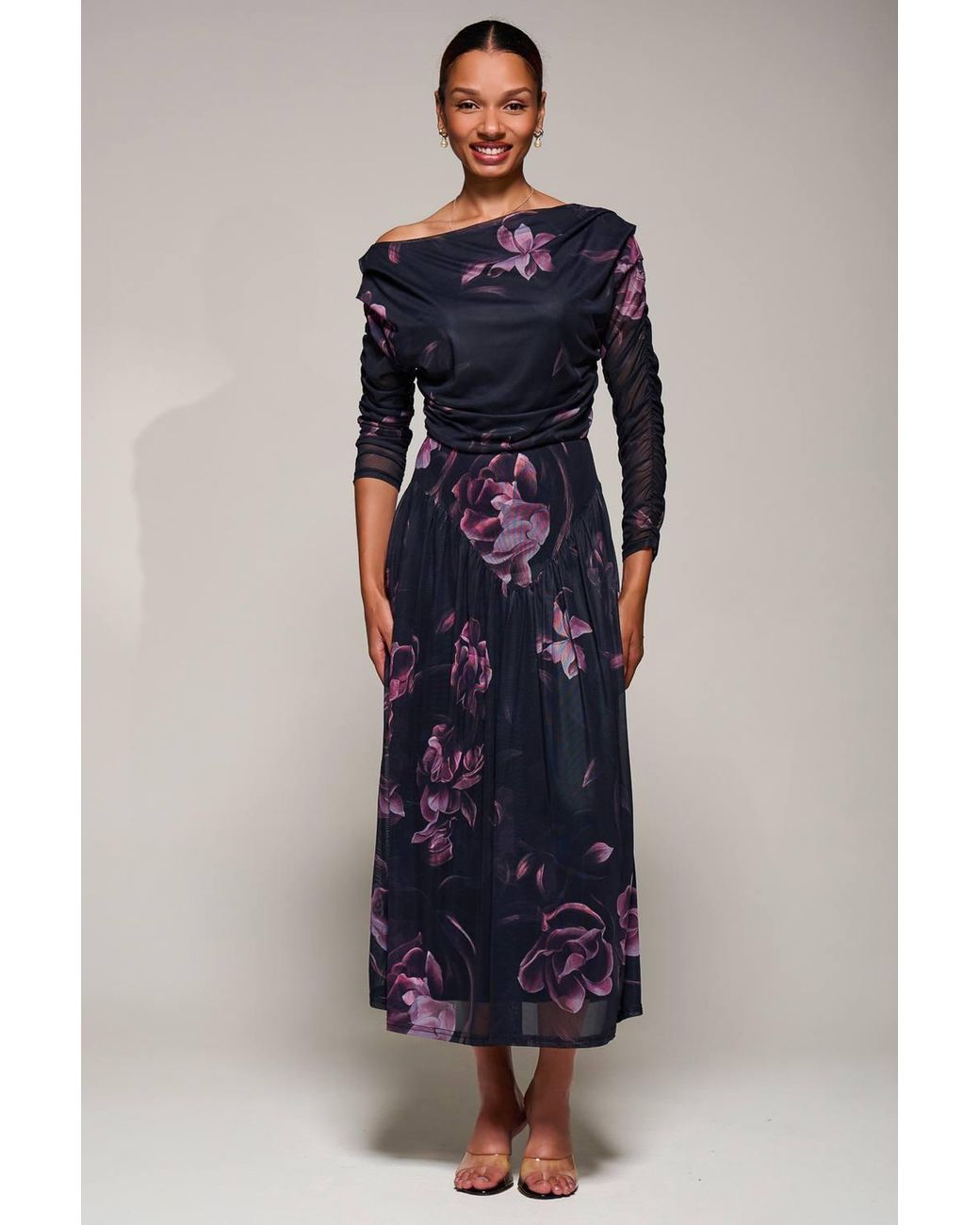 Jolie Moi Blue Long Sleeve Asymmetric Mesh Midi Dress