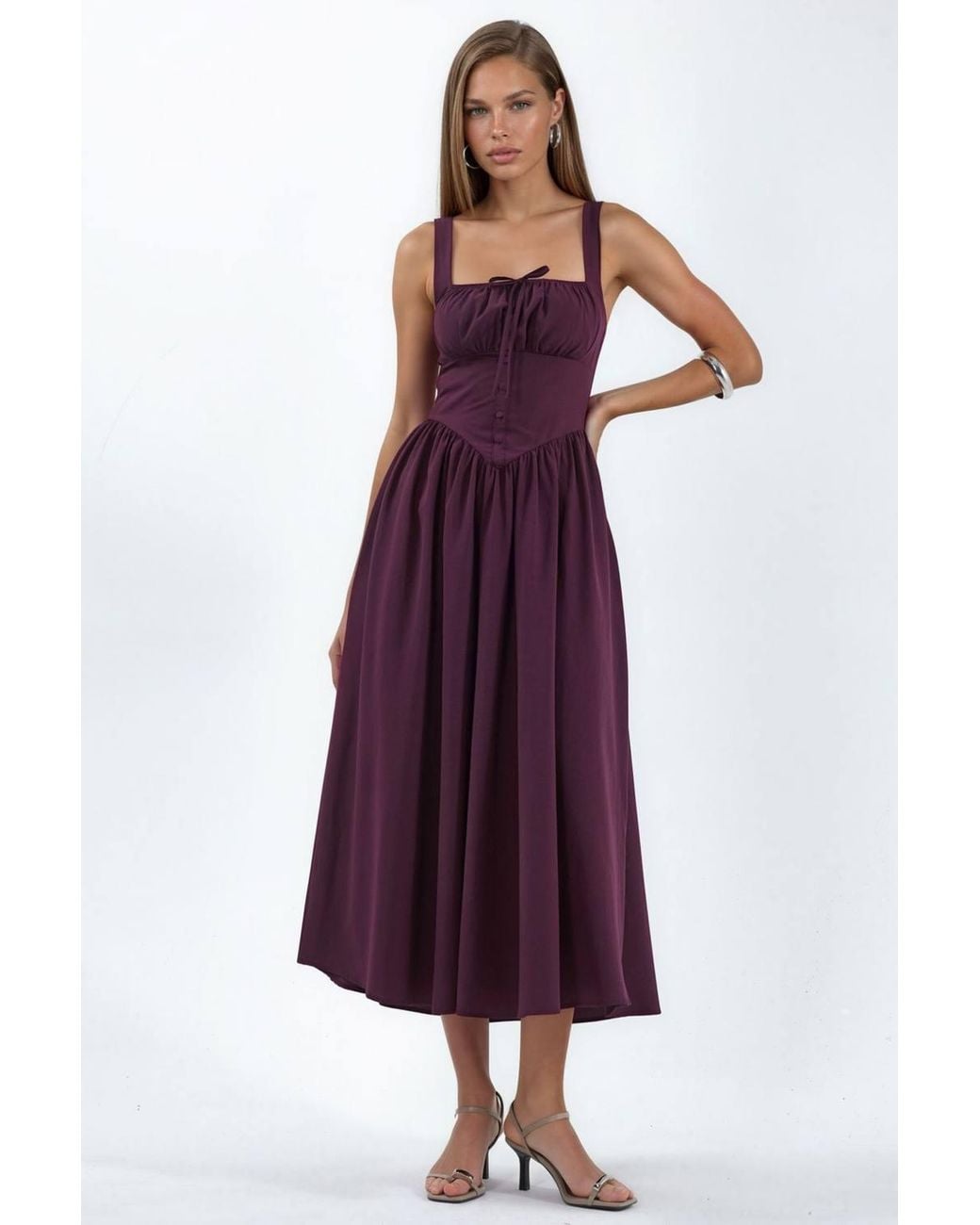 Busem Purple Midi Dress With Square Collar & Button Detail