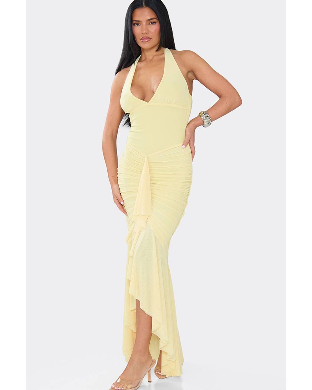 EGO Metallic Sleeveless Ruched Mesh Maxi Dress