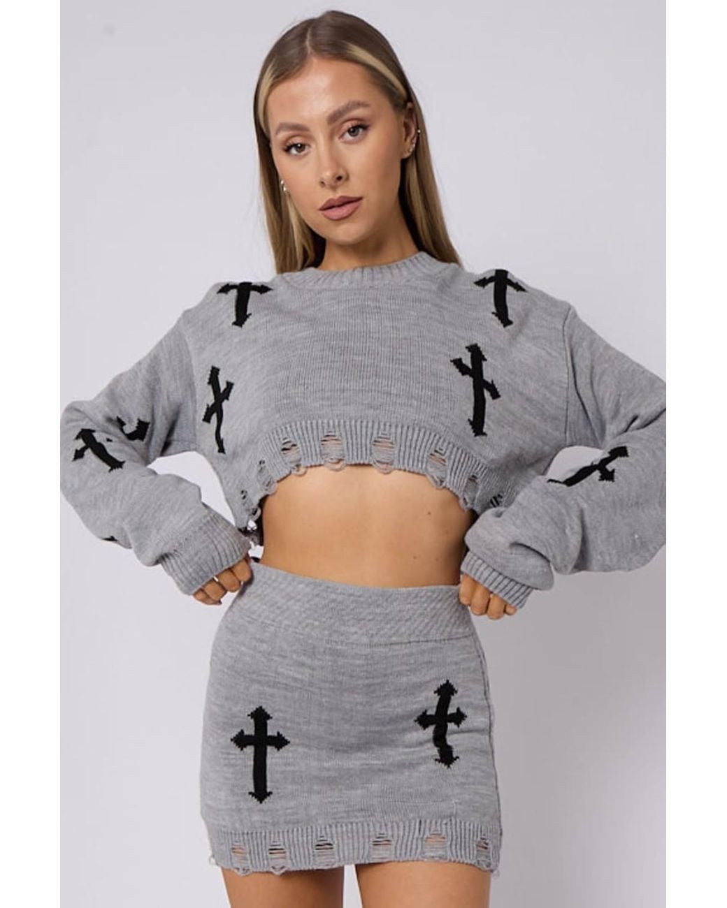 Stylewise Gray Crucifix Detail Knitted Crop Top