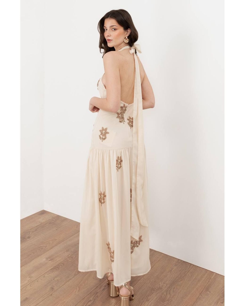 Maya Deluxe Natural Embellished Drop Waist Halter Neck Midaxi Dress