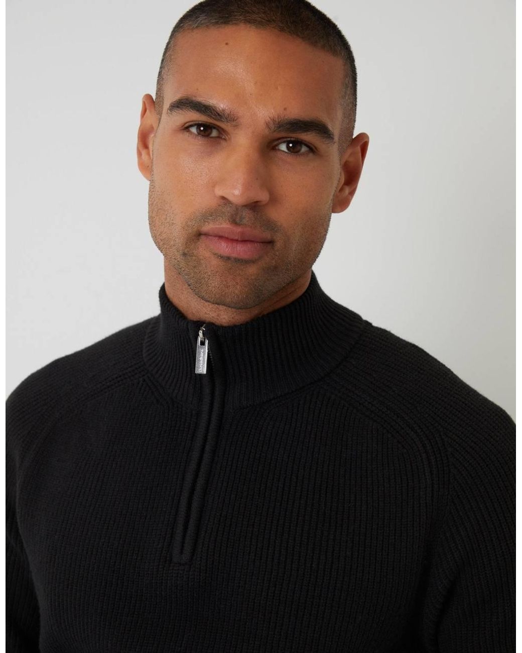 Threadbare Black Rib Panel Quarter Zip Knitted Jumper for men