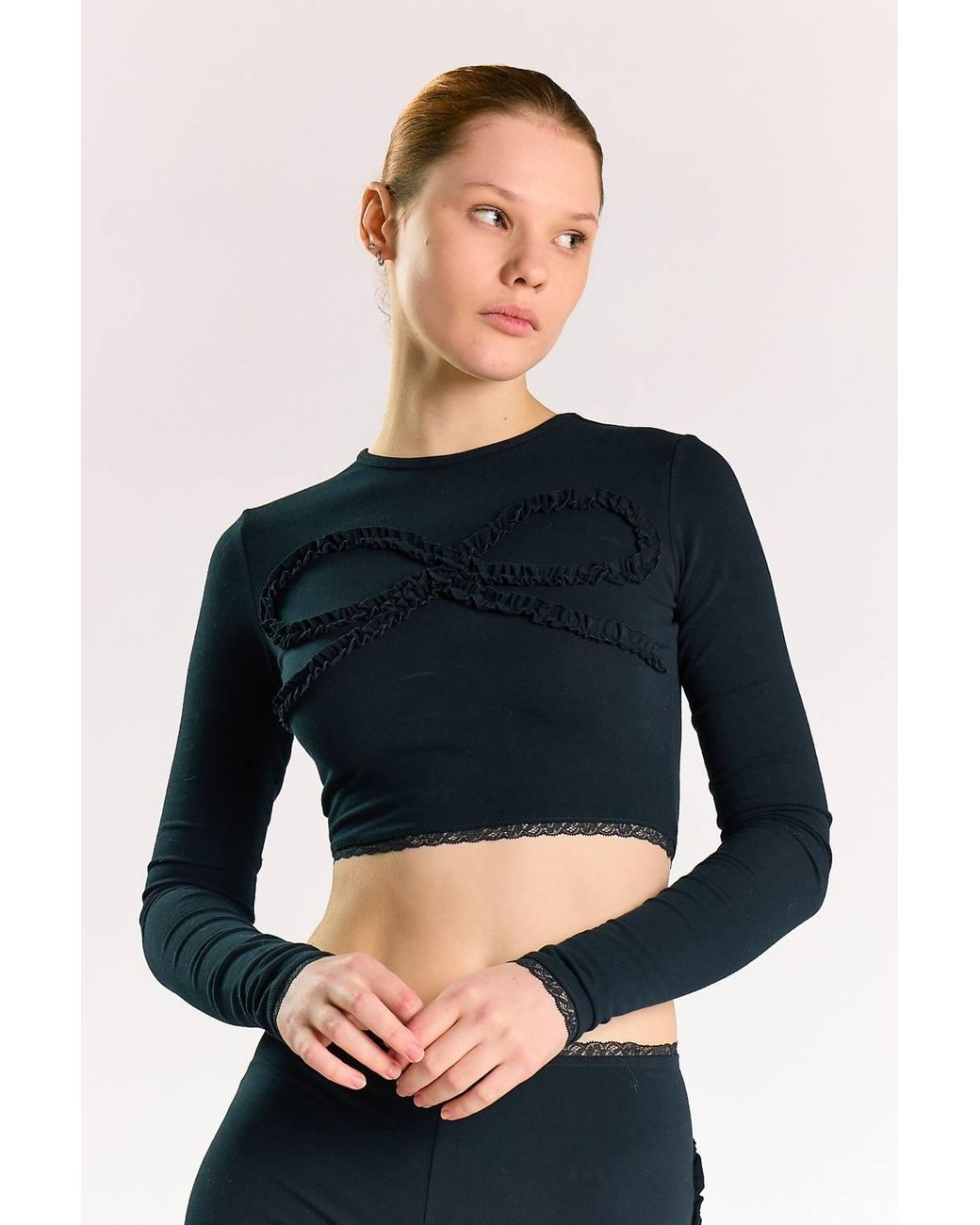 Shnoo Blue Long Sleeve Lace Crop Top