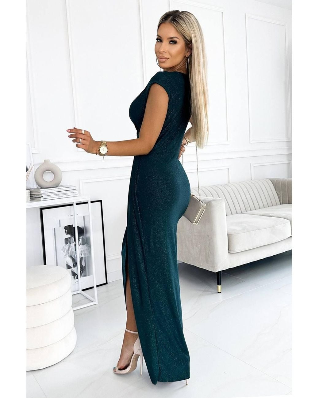 Love Lace Blue Glitter Stretch Long Envelope Slit Dress