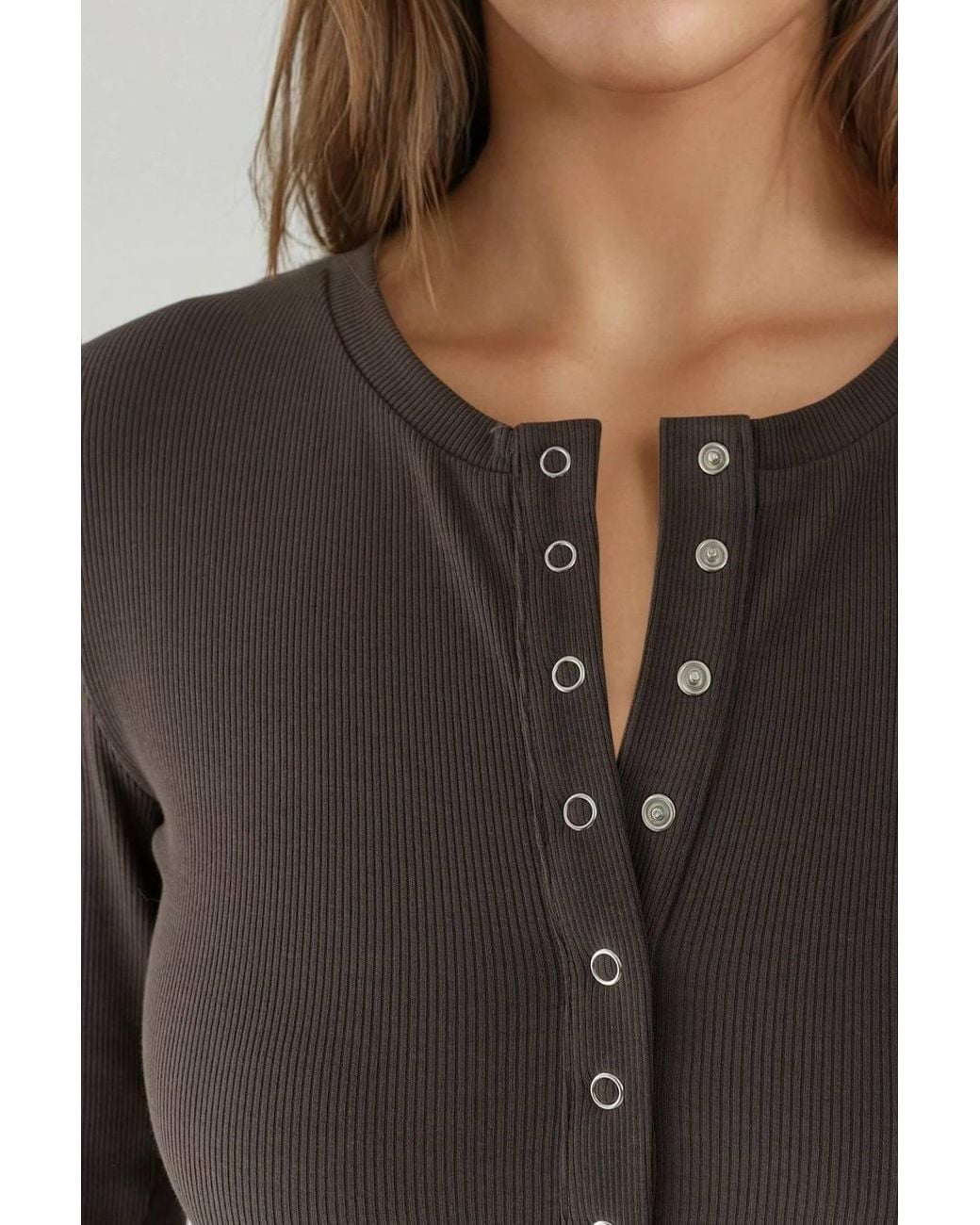 Hiccup Gray Ribbed Snap Button Knitted Top
