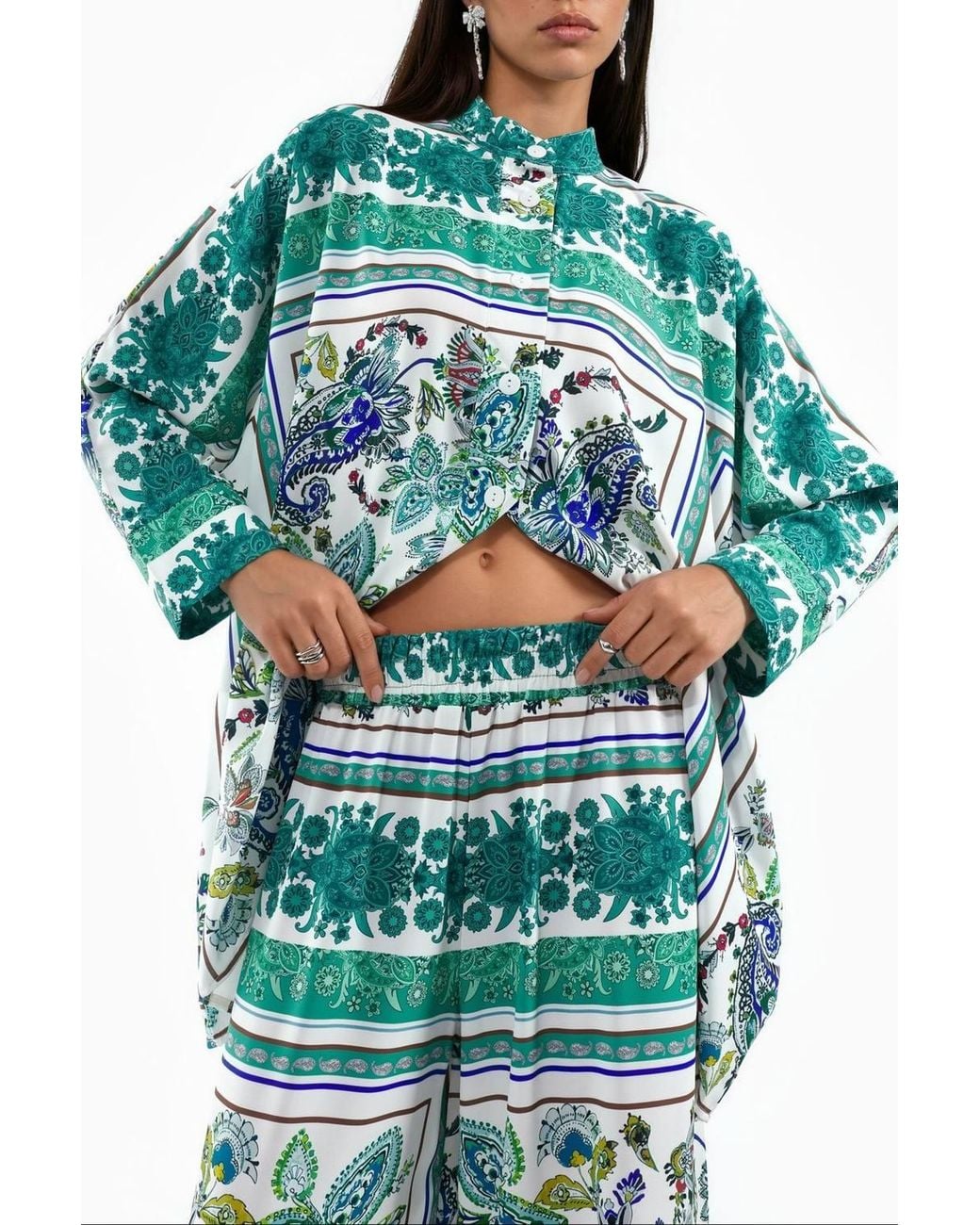 Msn-Collection Blue Patterned Shirt & Wide-Leg Trousers Set