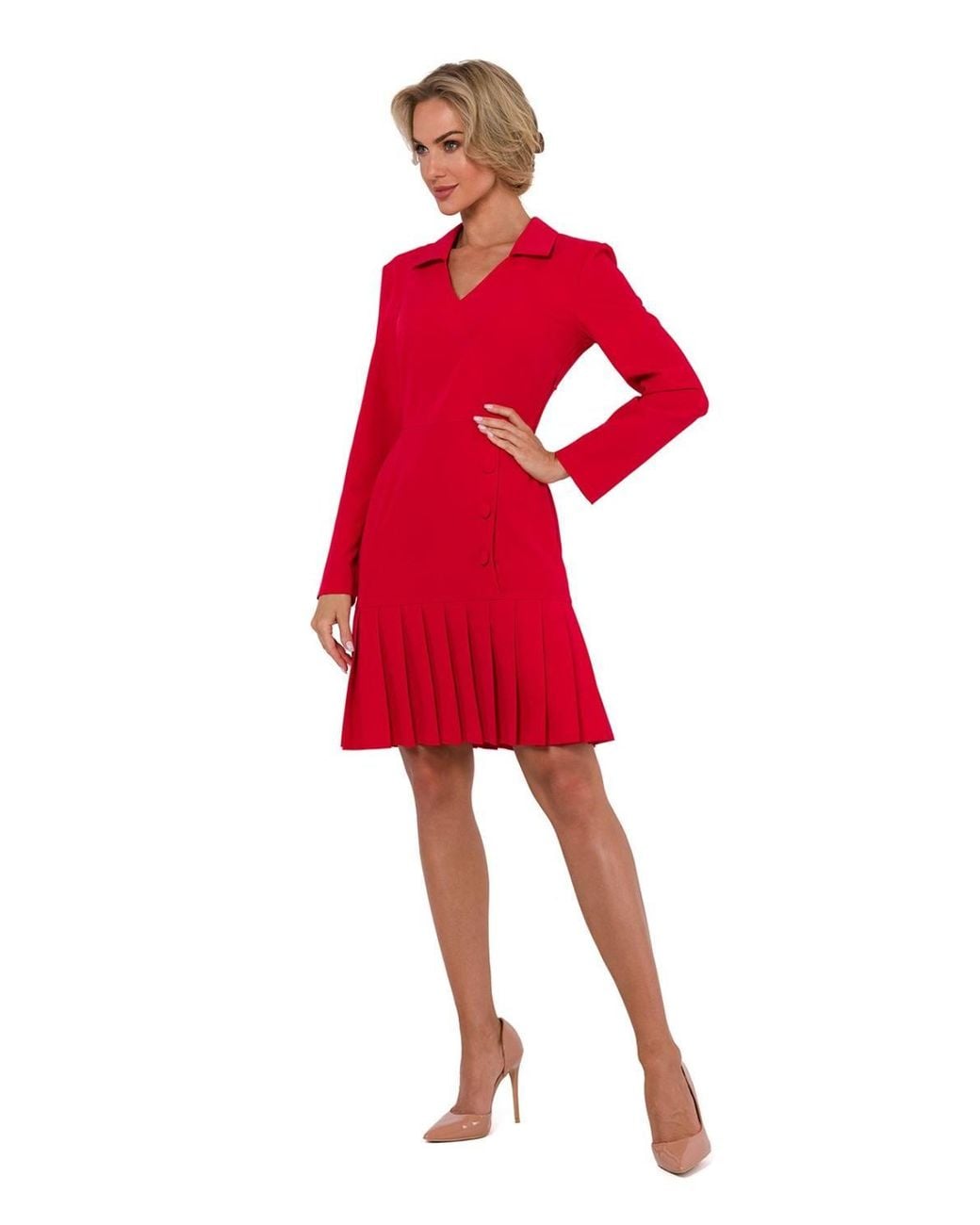 Love Lace Red Viscose Pleated Long Sleeve Dress With Zip