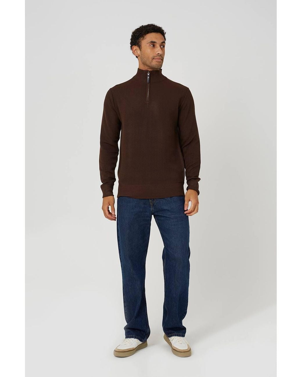 Brave Soul Brown Funnel Neck Quarter Zip Knitted Jumper for men