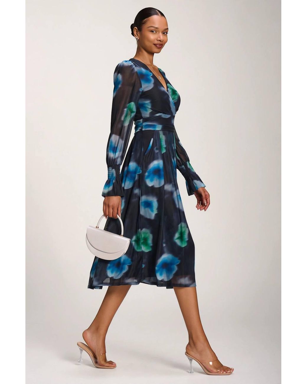 Jolie Moi Blue Long Sleeve Printed Mesh Midi Dress