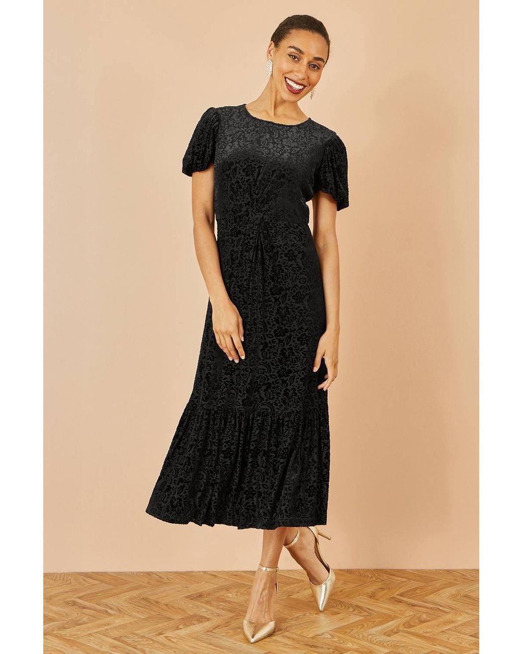 Yumi' Black Floral Velour Velvet Twist Waist Midi Dress