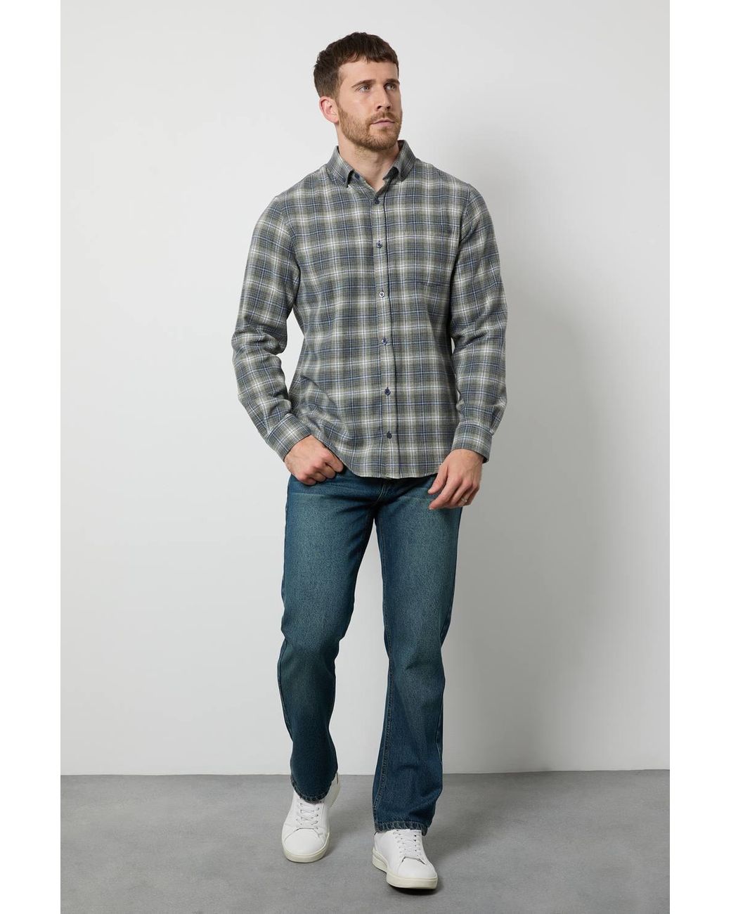 MAINE Gray Herringbone Check Long Sleeve Shirt for men