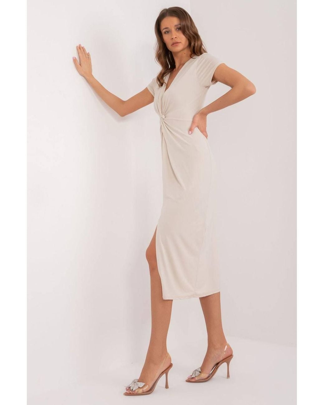 Love Lace Natural Heart Neck Creased Pencil Midi Day Dress