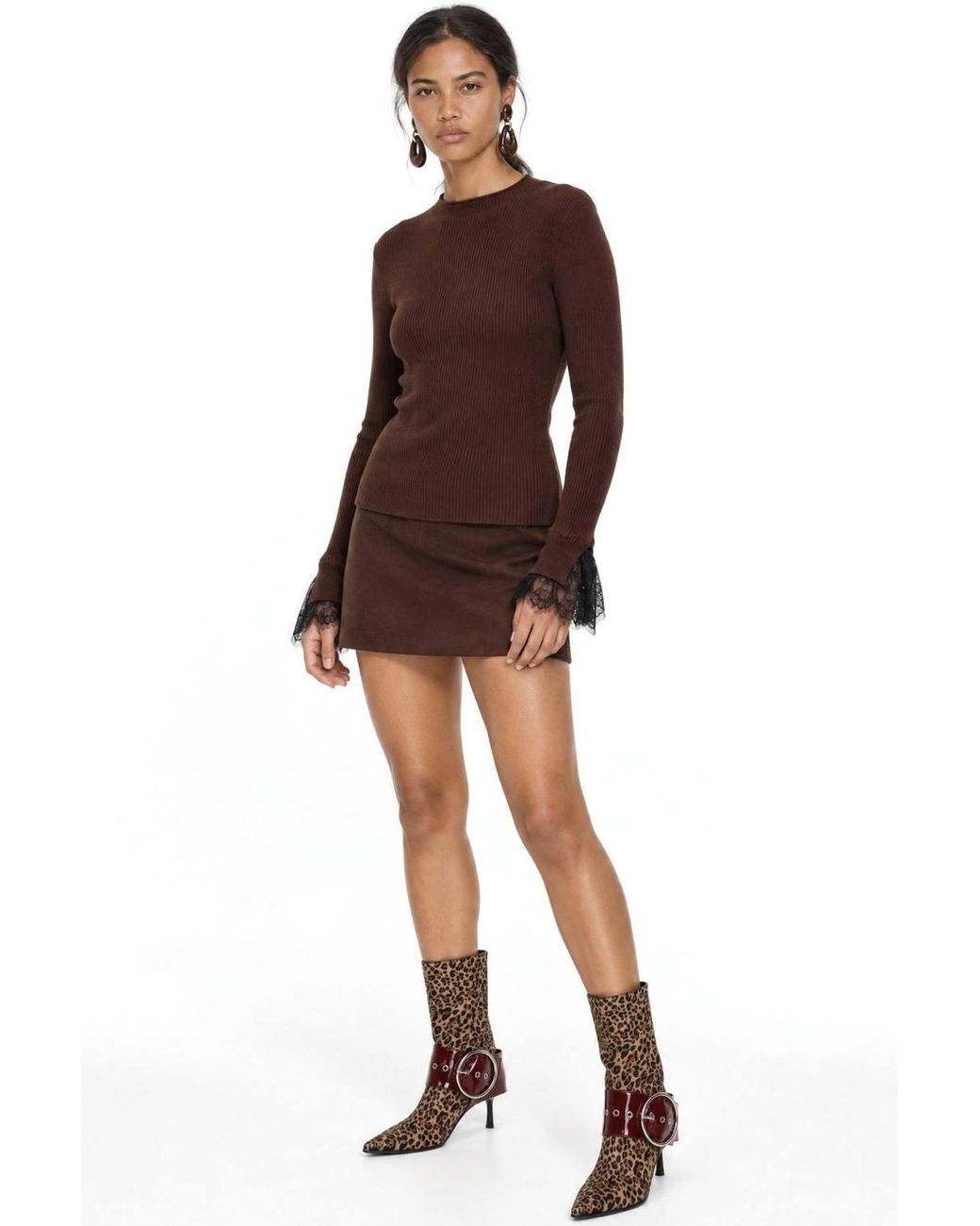MixRay Brown Slim Fit Ribbed Knit Sweater With Crew Neck