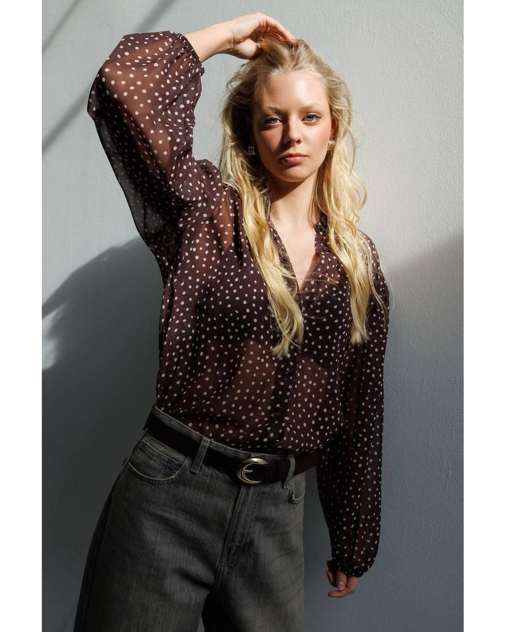 MixRay Black Polka Dot Chiffon Button-Up Shirt