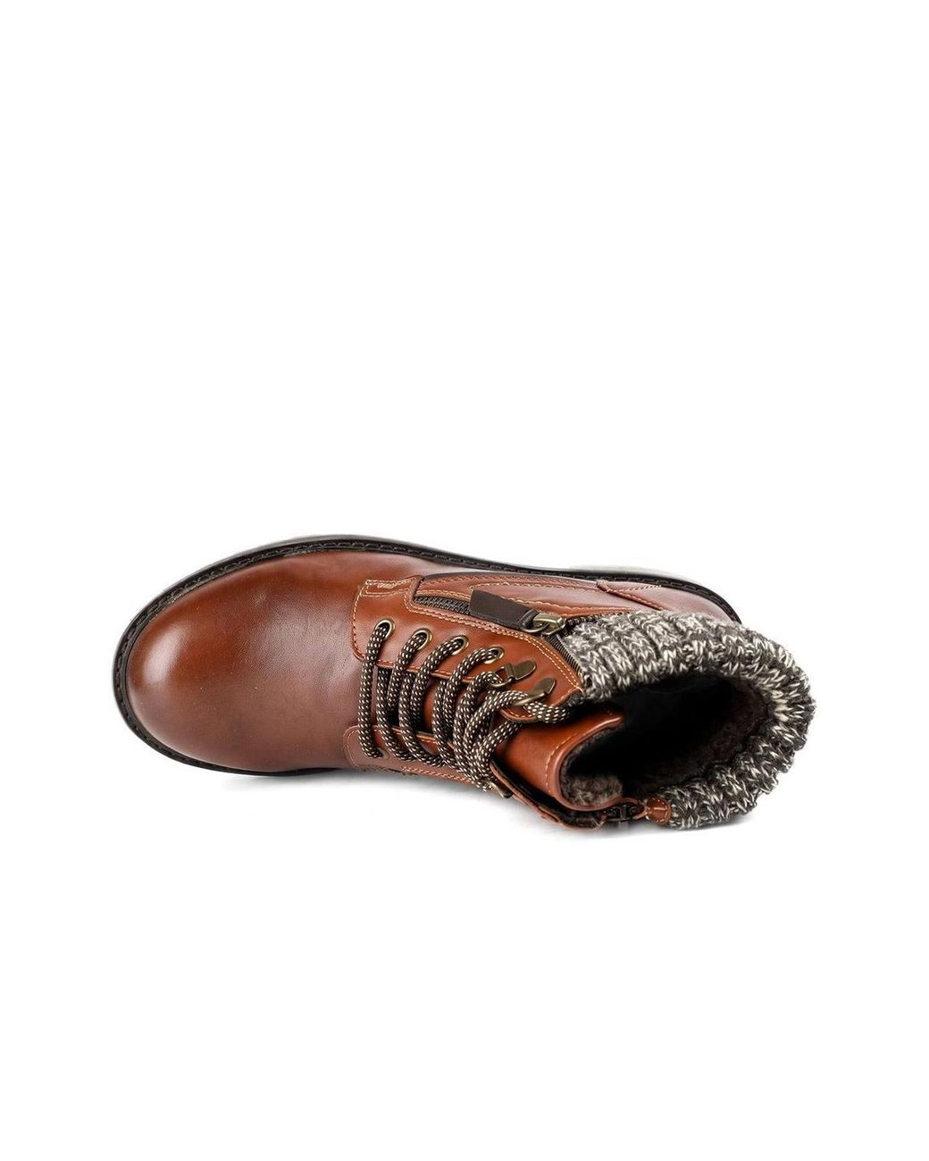 Pavers Brown Knitted Cuff Zip Design Lace Up Ankle Boots