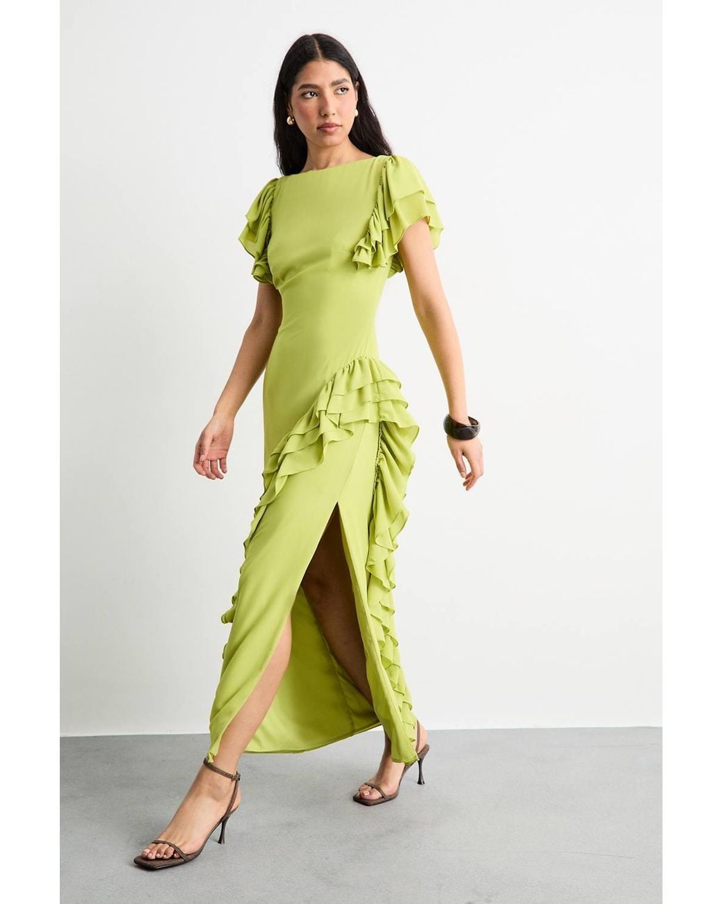 Warehouse Yellow Side Split Ruffle Detail Maxi Dress
