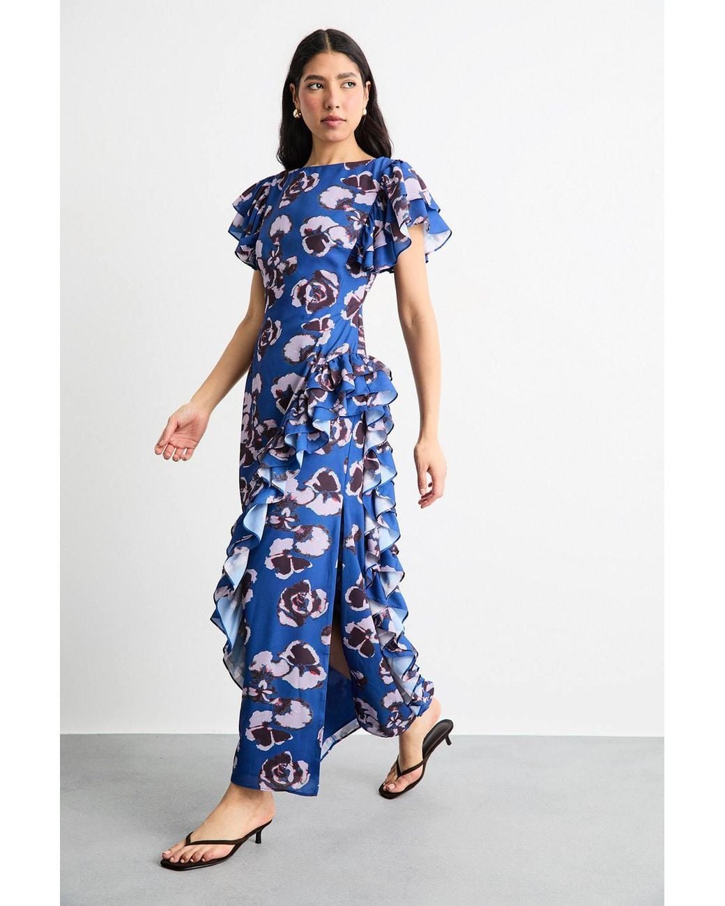 Warehouse Blue Side Split Ruffle Detail Maxi Dress
