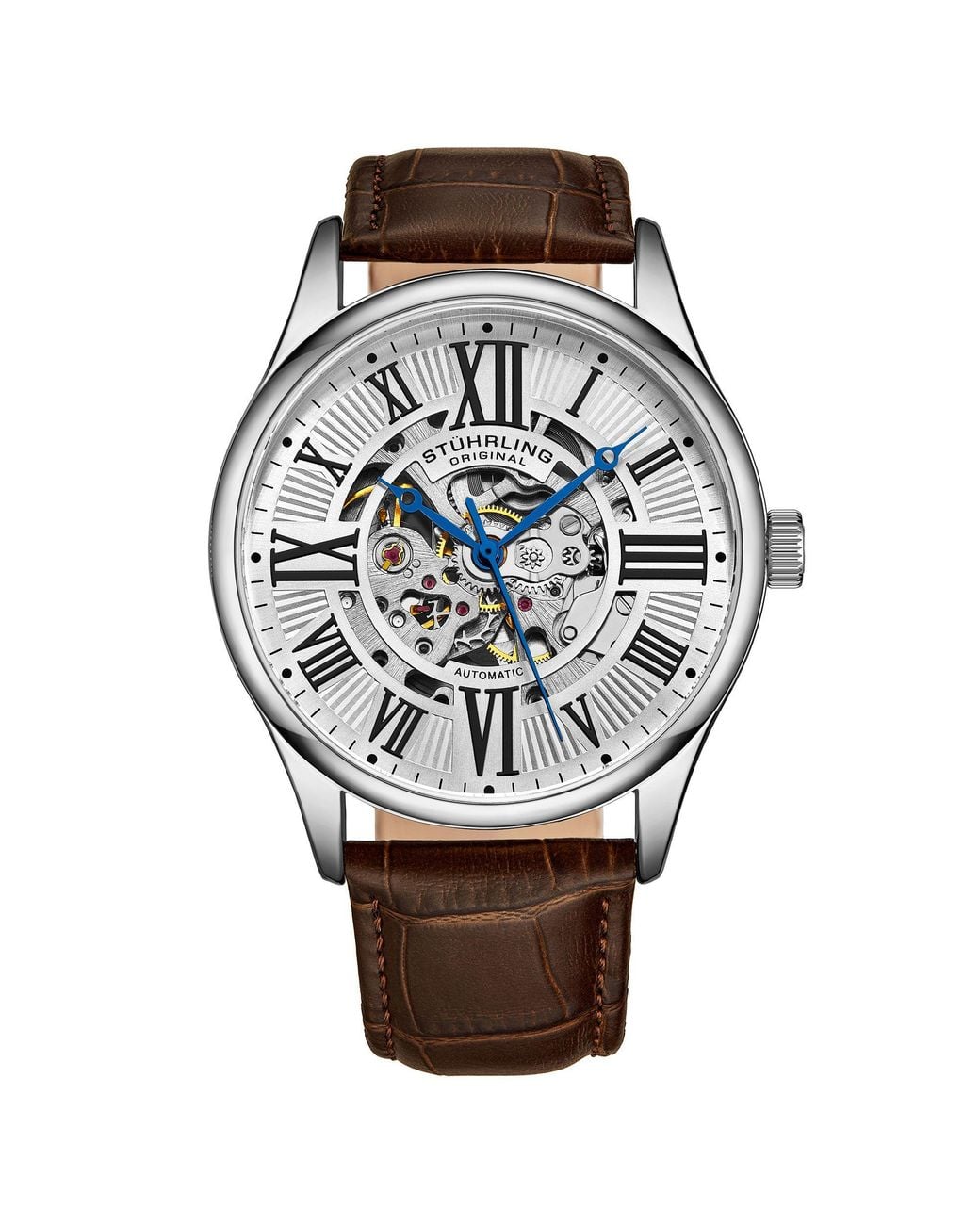 Stuhrling Metallic Atrium 3942 Automatic Wrist Watch Skeletonized Dial 42Mm Case Leather Band for men