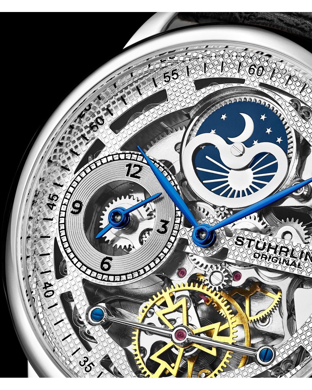 Stuhrling Black Stuhrling 3917 Automatic Skeleton Watch Dual Time Subdial, Am/Pm Indicator, & Alligator-Embossed Leather Strap For for men
