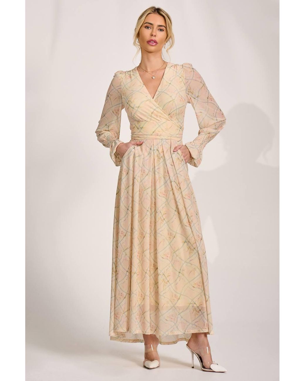 Jolie Moi Natural Long Sleeve V Neck Mesh Maxi Dress