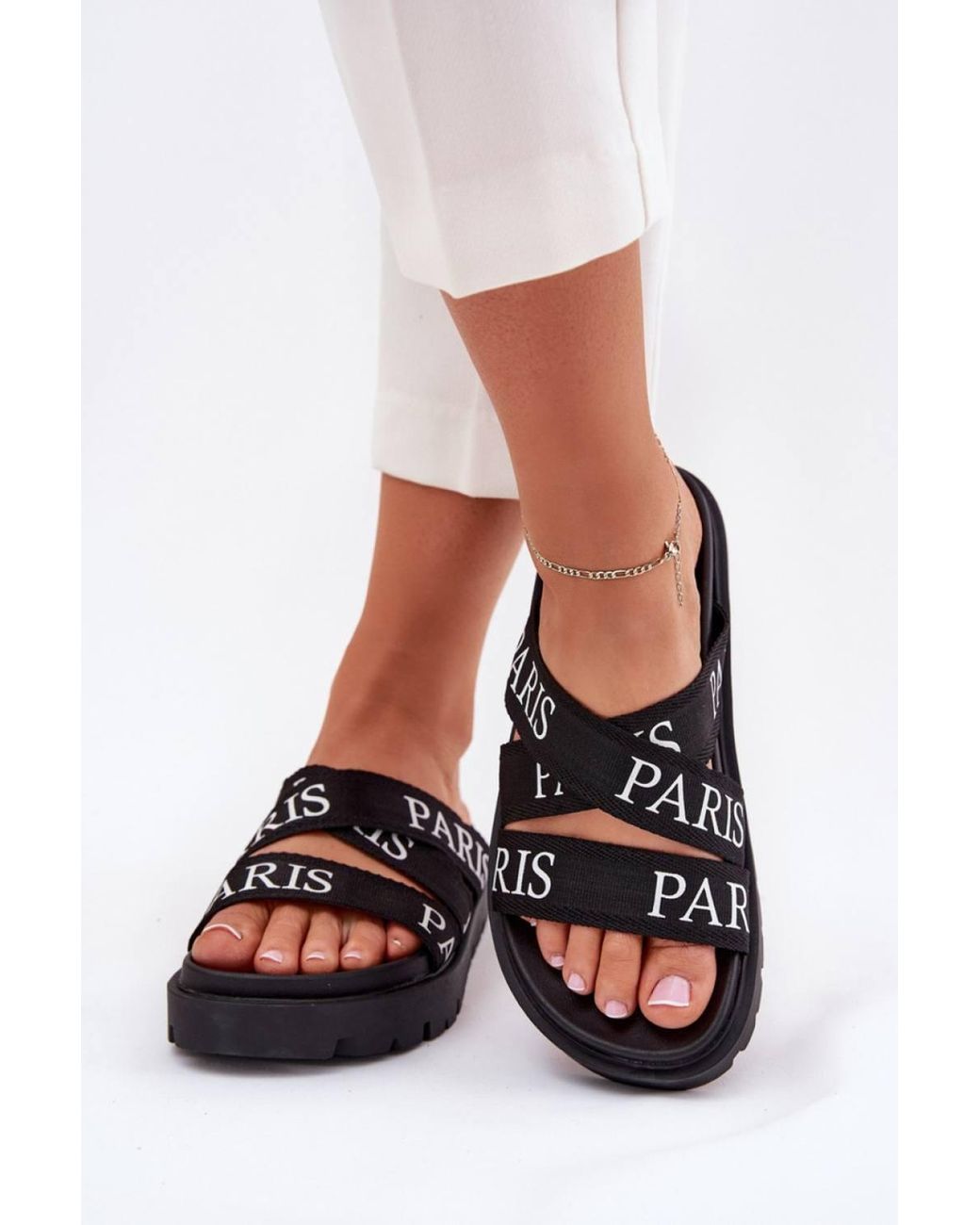 Love Lace White Fabric Strap Platform Sandals With Paris Print For Summer