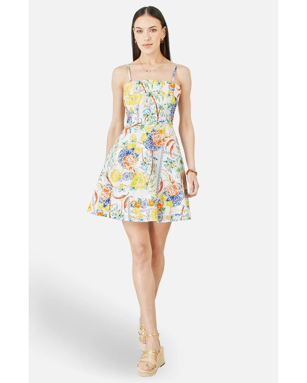 Yumi' White Mediterranean Print Cotton Mini Sun Dress