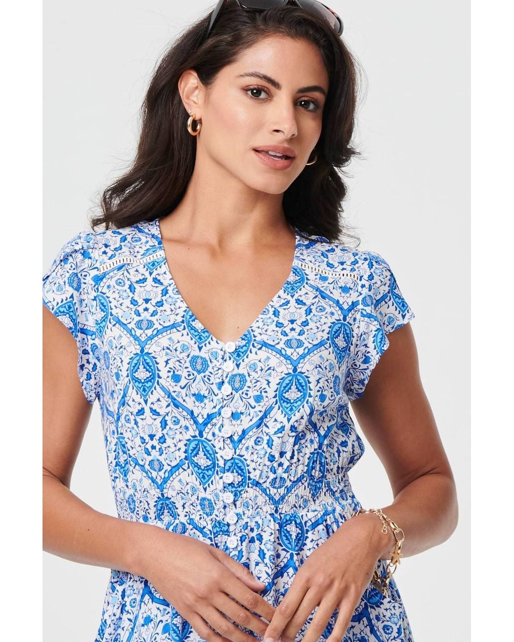 Izabel London Blue Mosaic Print Cap Sleeve Maxi Dress