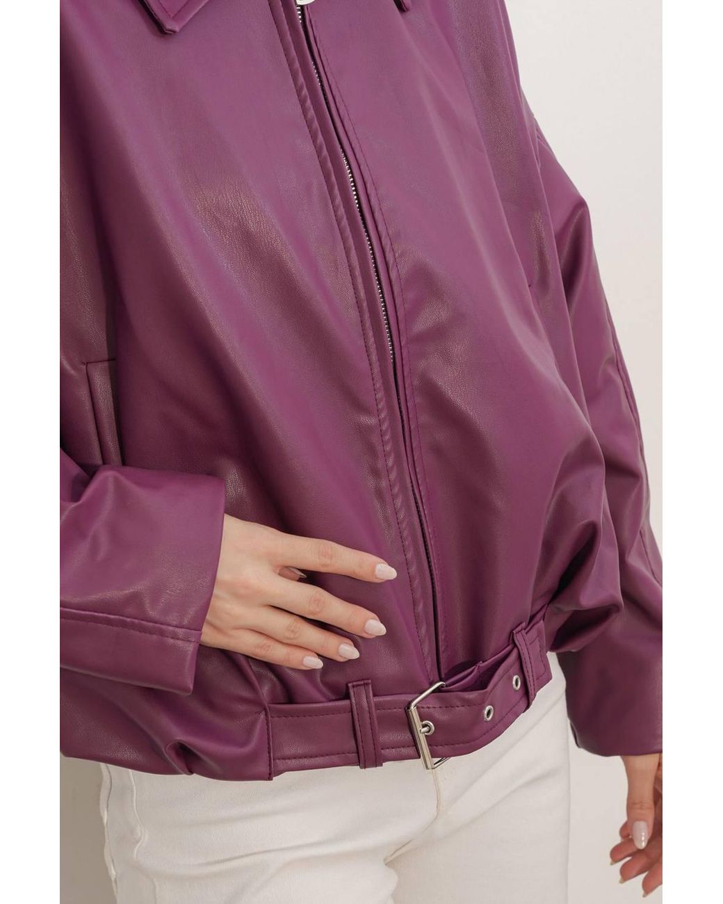 Bigdart Purple Oversized Faux Leather Belted Jacket