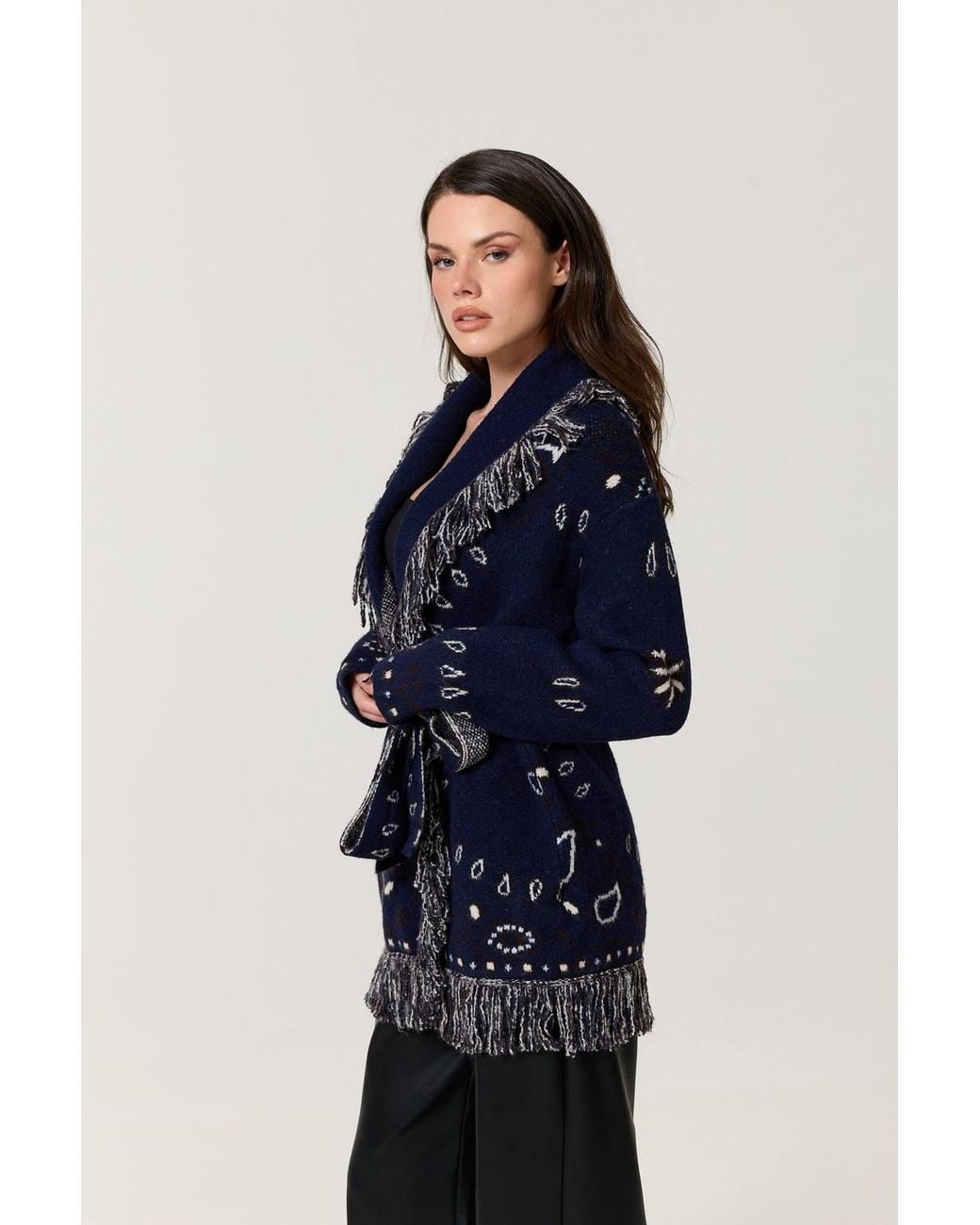 Liquorish Blue Paisley Fringe Wool Blend Cardigan