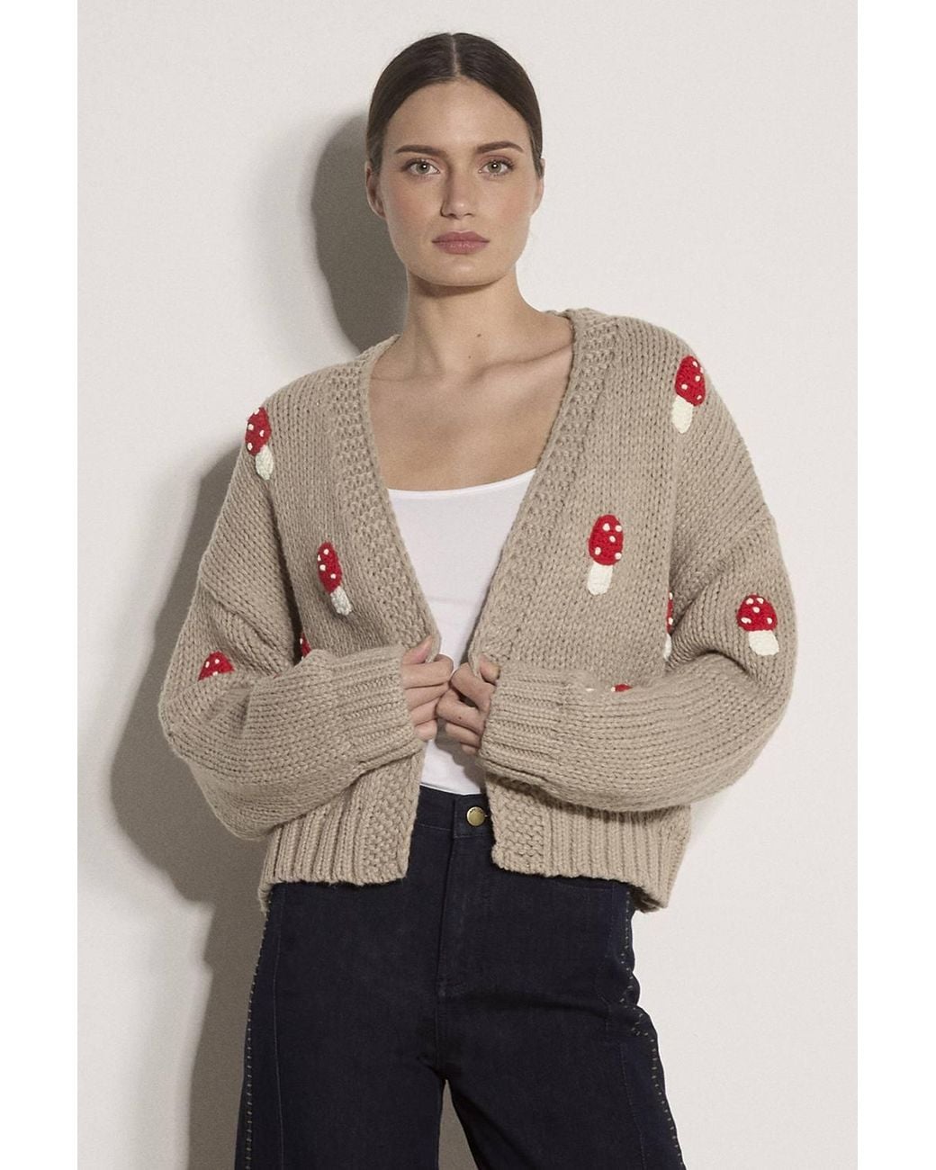 Apricot Natural Mushroom Appliqué Chunky Knit Cardigan
