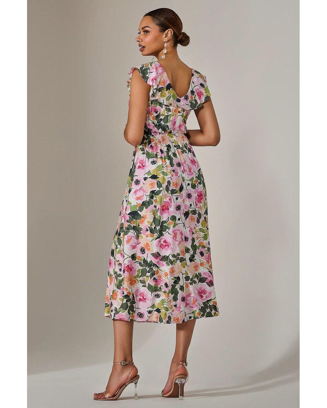 Jolie Moi Multicolor Frill V Neck Midaxi Dress