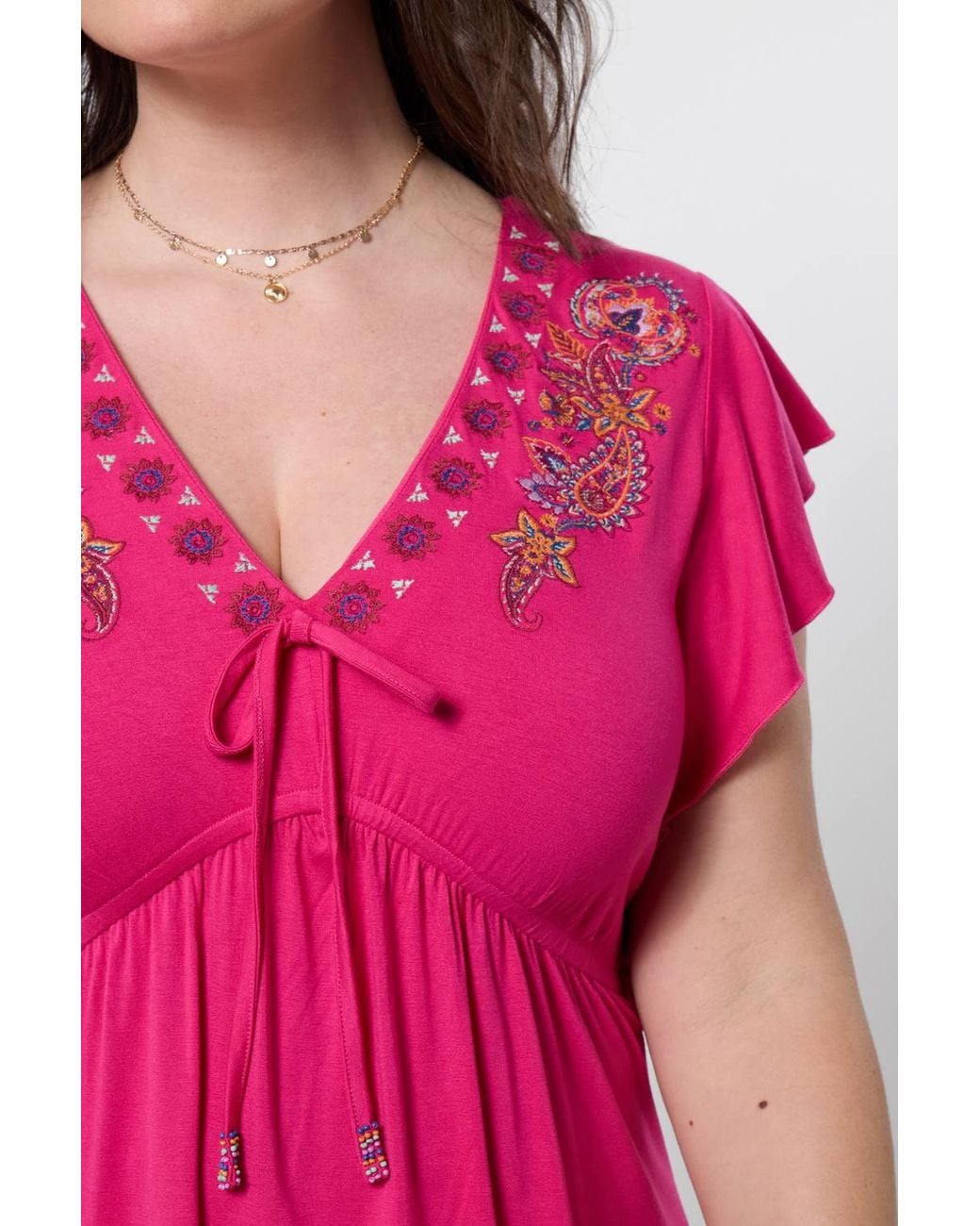 Joe Browns Pink Embroidered Jersey Top With Tie Detail & Frill Sleeves