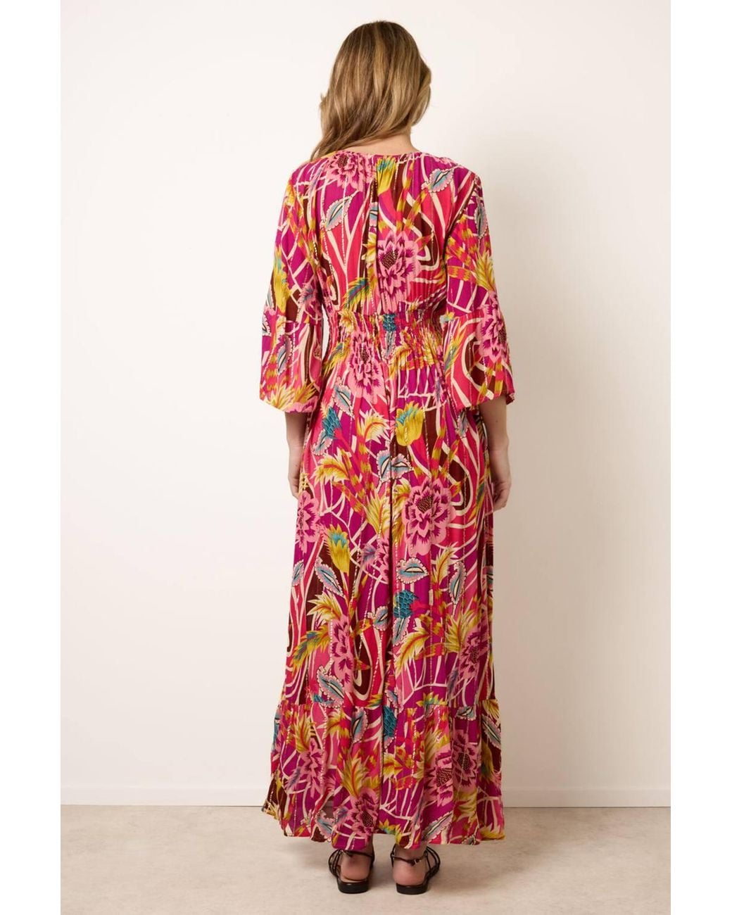 Blue Vanilla Shirred Waist Long Sleeve V-Neck Maxi Dress