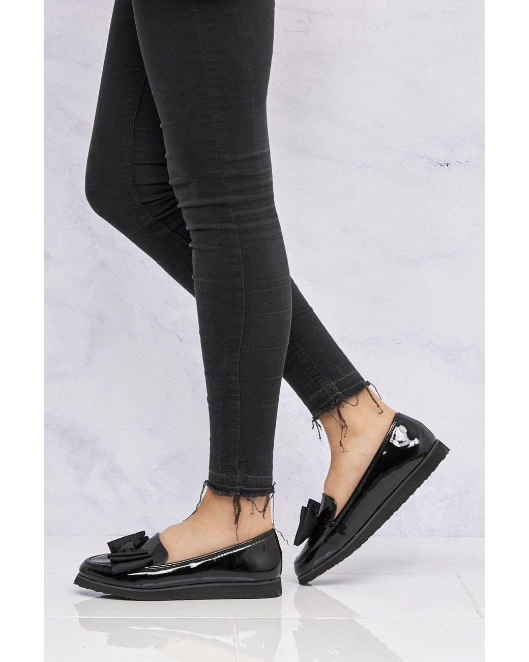 Miss Diva Black Ada Bow Detail Cleated Flatform Sole Loafers