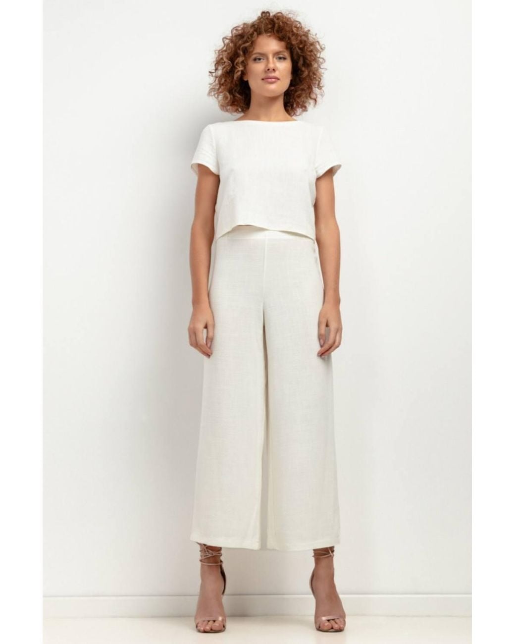 Love Lace White Summer Linen Wide Leg Trousers With Zip
