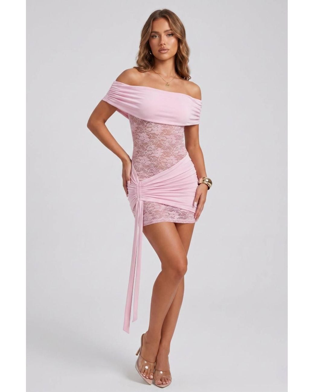Stylewise Pink Off-Shoulder Lace Drape Detail Mini Dress