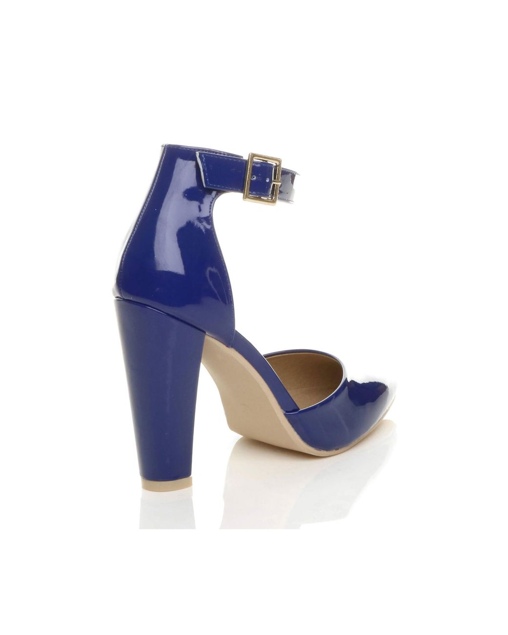 AJVANI Blue High Heel Ankle Strap Pointed Toe Patent Court Shoes