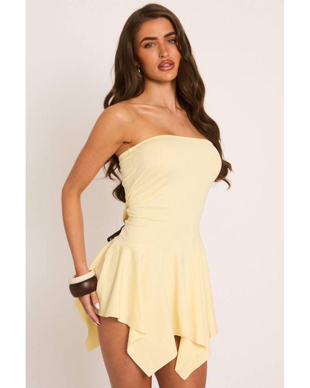 Rebellious Fashion Natural Bandeau Asymmetric Frill Hem Mini Dress