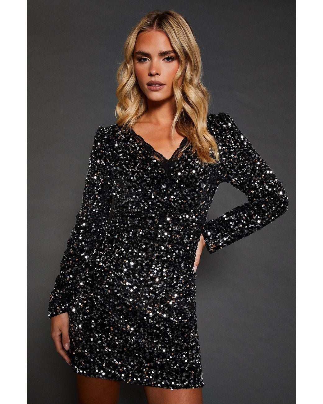 Dorothy Perkins Gray Petite Lace Trim Sequin Mini Dress