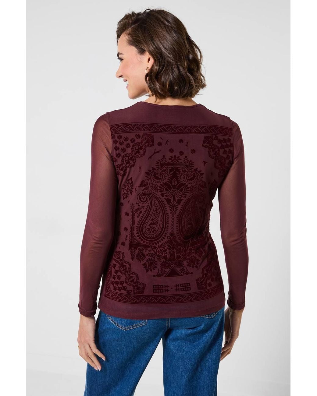 Joe Browns Red Long Sleeve Mesh Top With Flocked Print