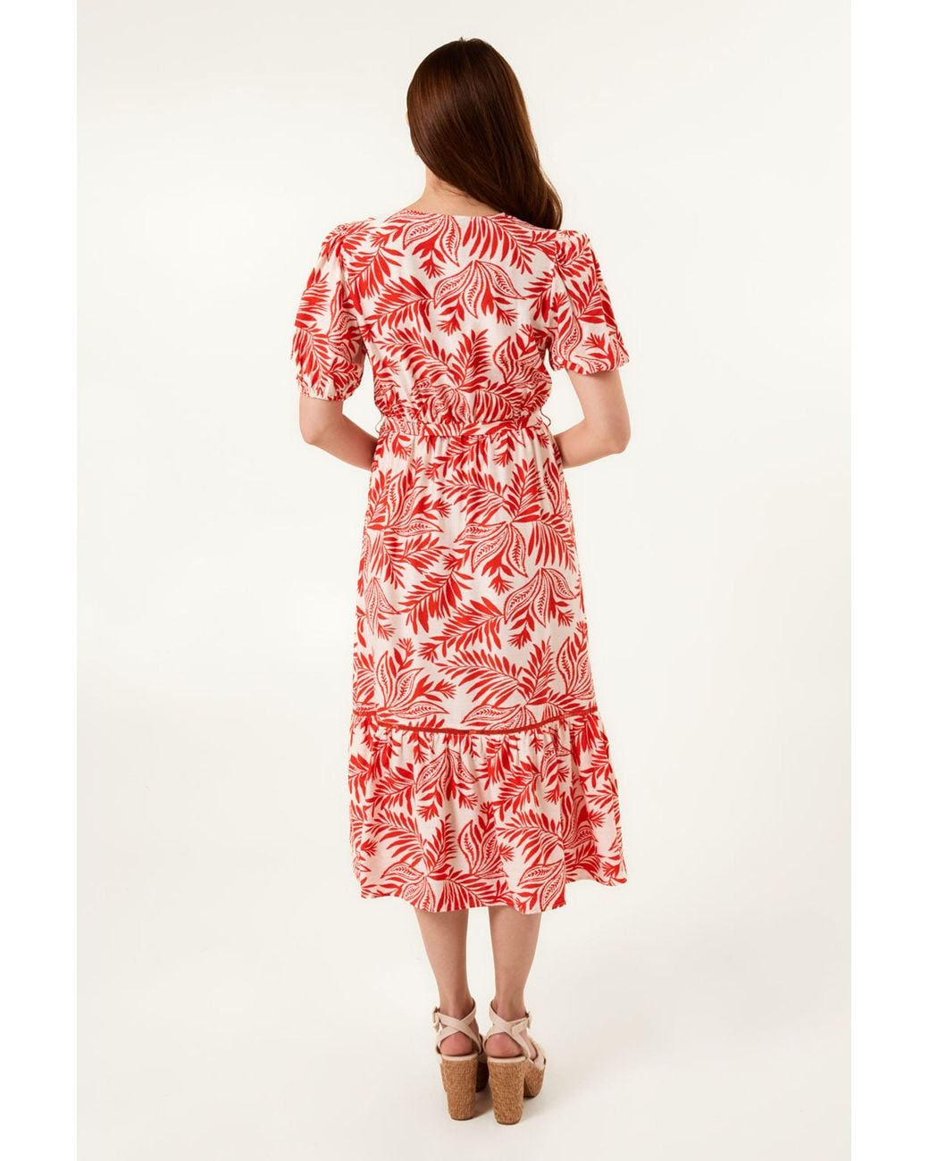 Blue Vanilla Red Elasticated Waist Short Sleeve Zip V-Neck Midi Dress